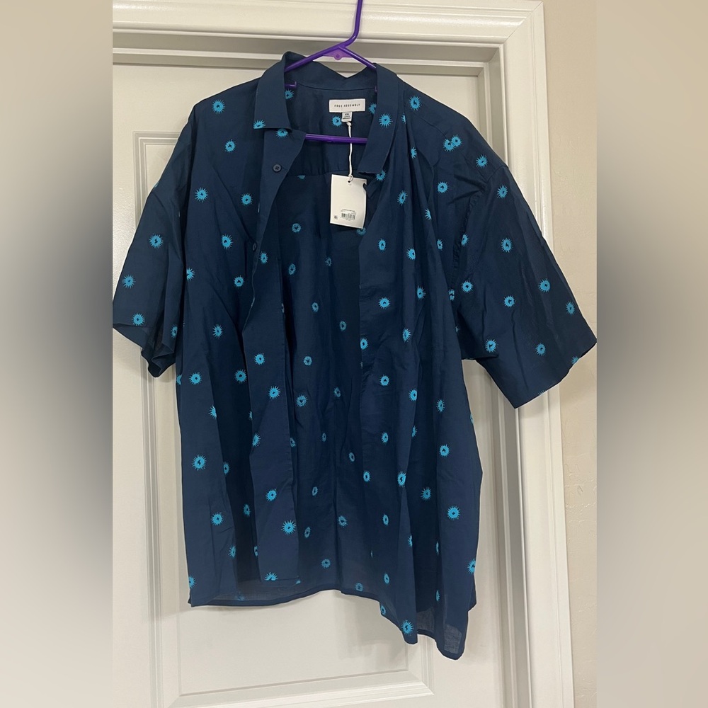 Free People Navy Blue Shirt with Teal Floral Pattern